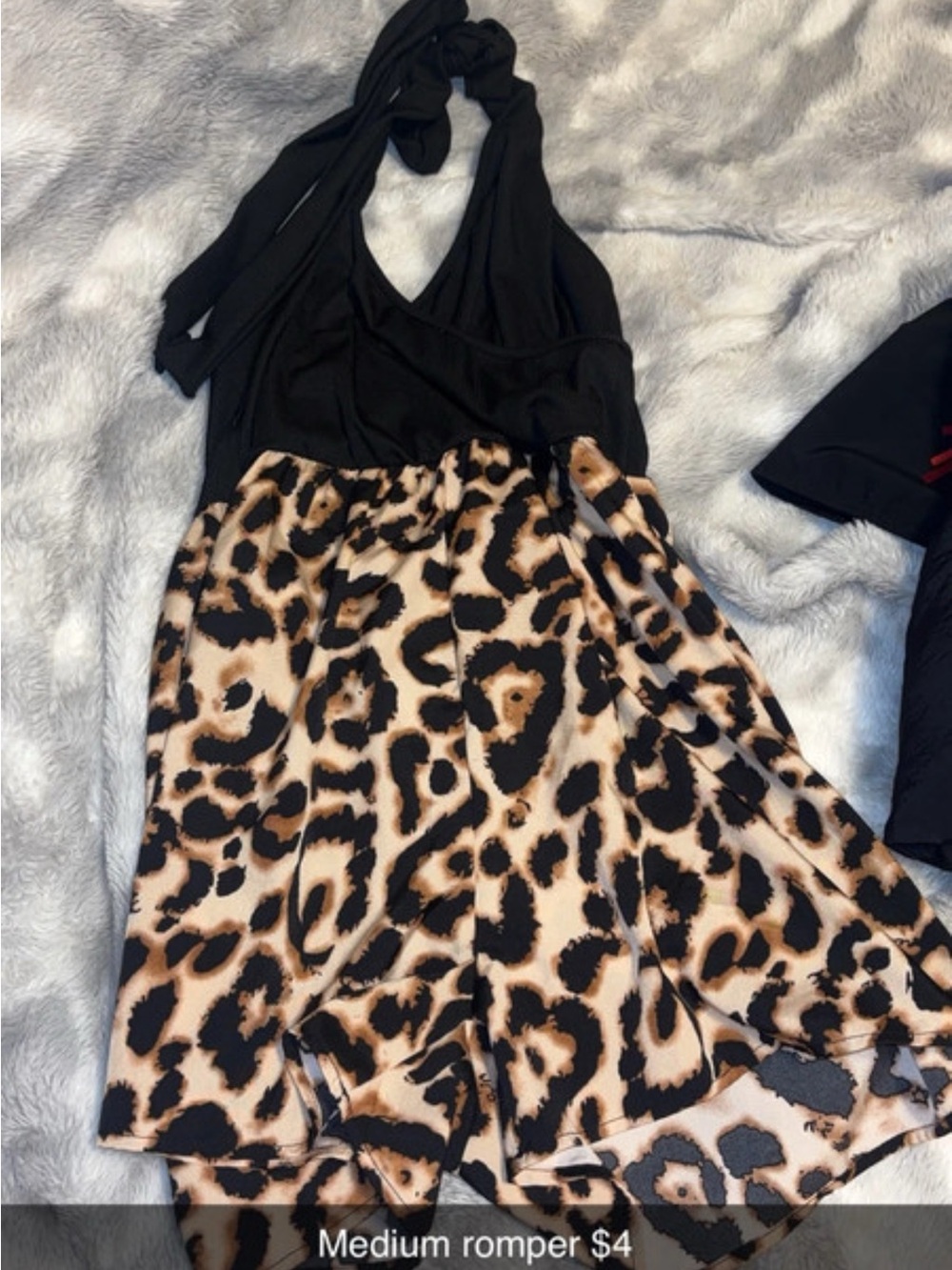 SHEIN Black Halter Romper with Leopard Print Skirt
